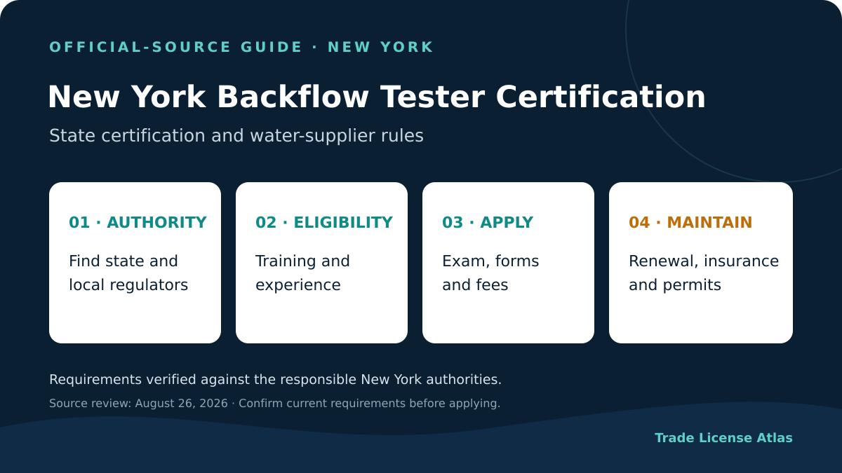 New York backflow tester certification requirements licensing authority experience exams fees insurance renewal